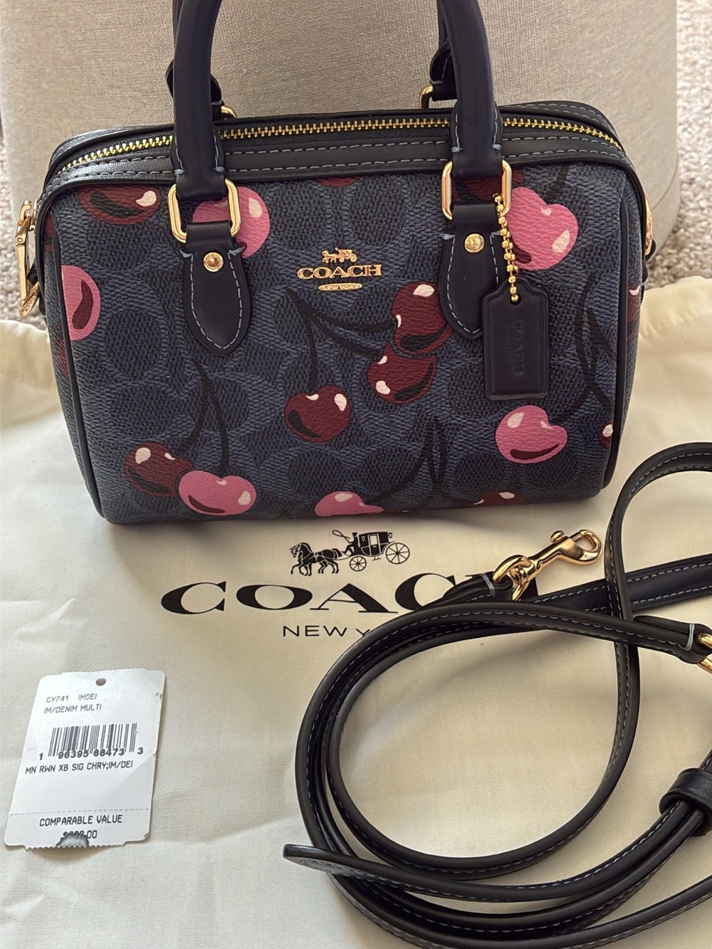 COACH Cherry-Print Mini Rowan in Black with Pink Accents